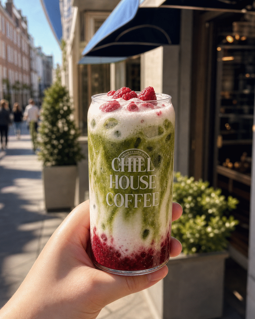 Raspberry matcha drink served in Chill House can in Mayfair London